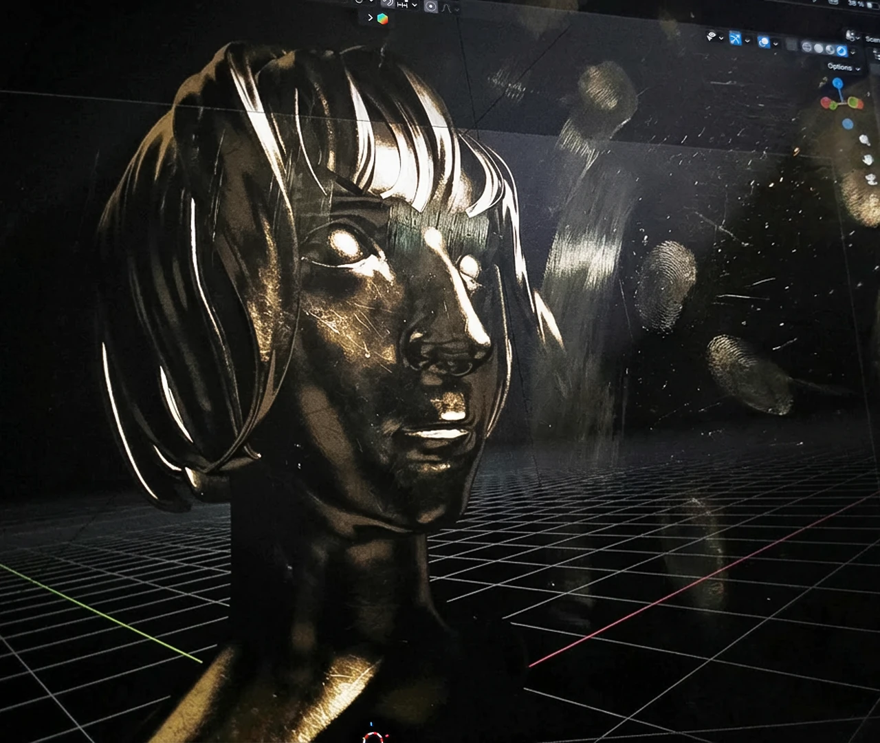 A photo of a laptop screen running the 3D modelling software, Blender. The laptop’s display is smudged, dirty and laden with fingerprints. On screen is a 3D-rendered metallic bust of a woman with a short bob haircut and bangs, stylised with reflective gold material. The figure has prominent cheekbones and large eyes rendered without pupils. The model sits in a dark digital workspace with gridlines and visible interface menus.