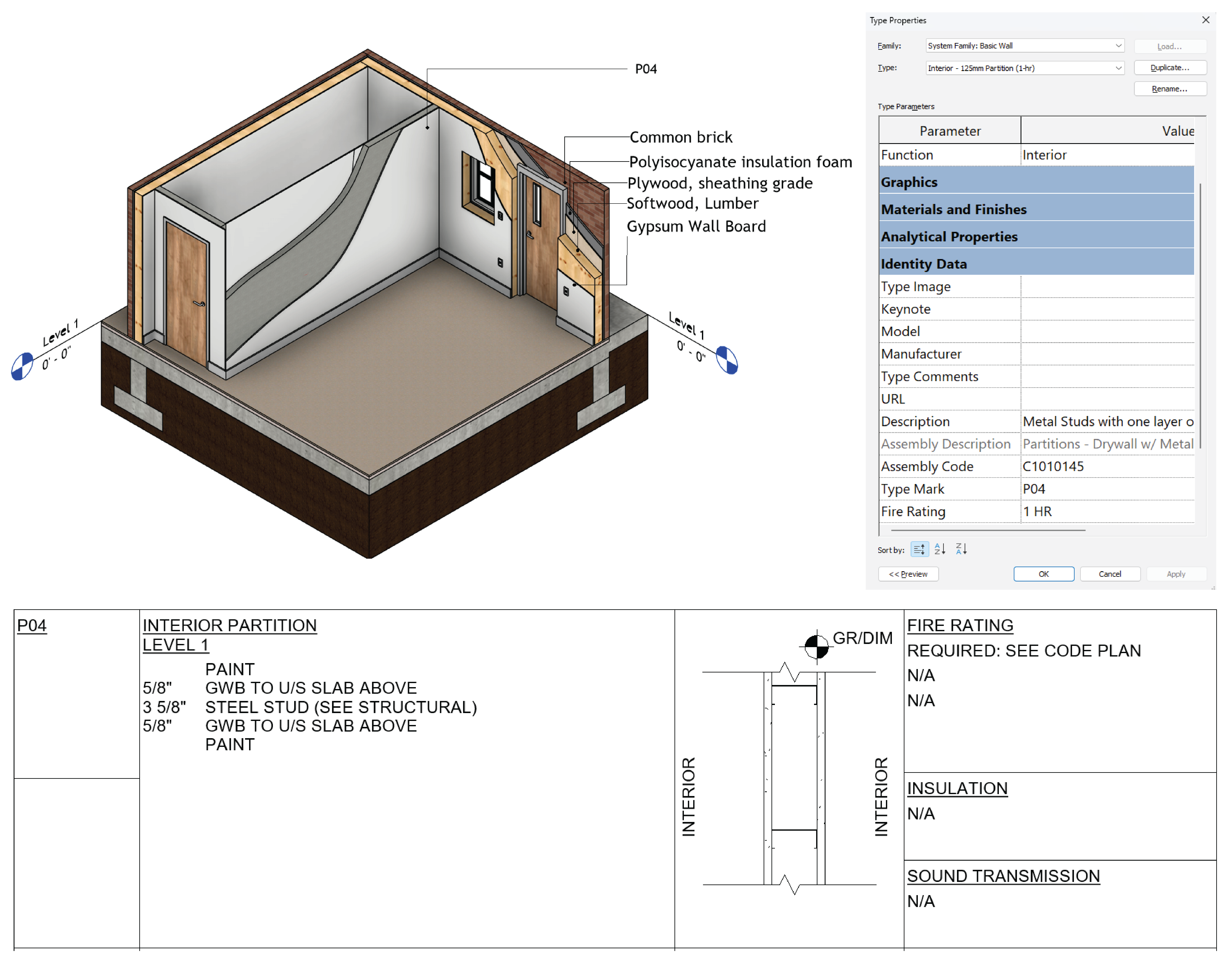 Snapshot of a generic geometry 3D model with relevant data as correct thickness in wall assemblies and wall type tag.