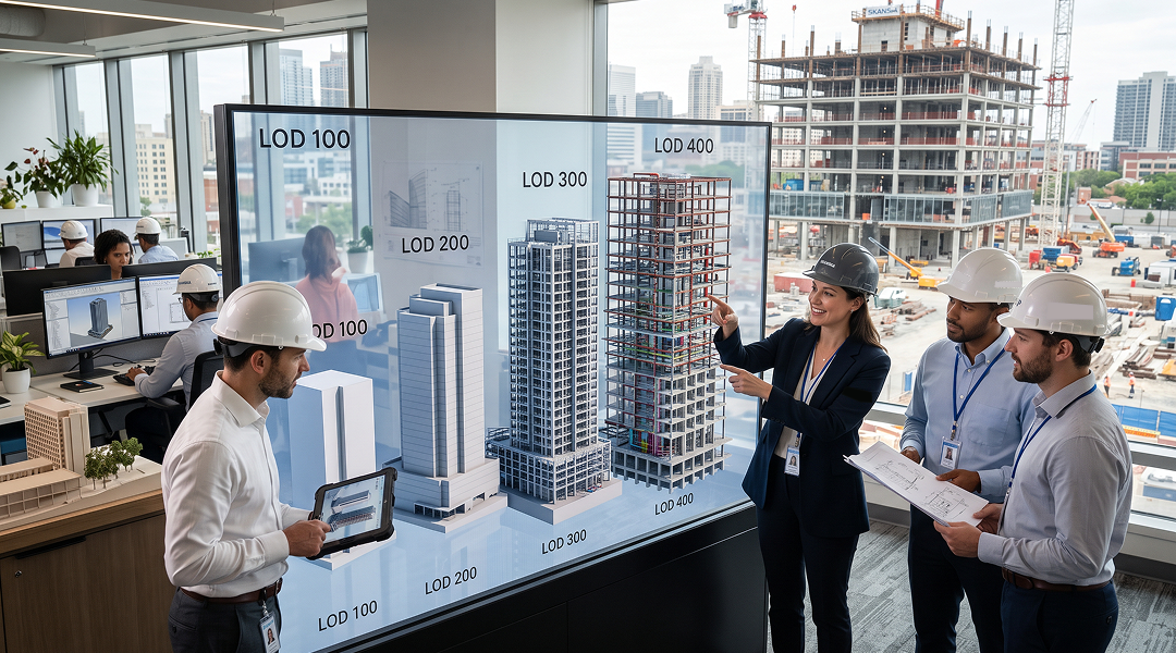 Snapshot of a detailed 3D model showing precise dimensions, constructability and relevant data attach to geometry, such as guarantee, manuals, etc.