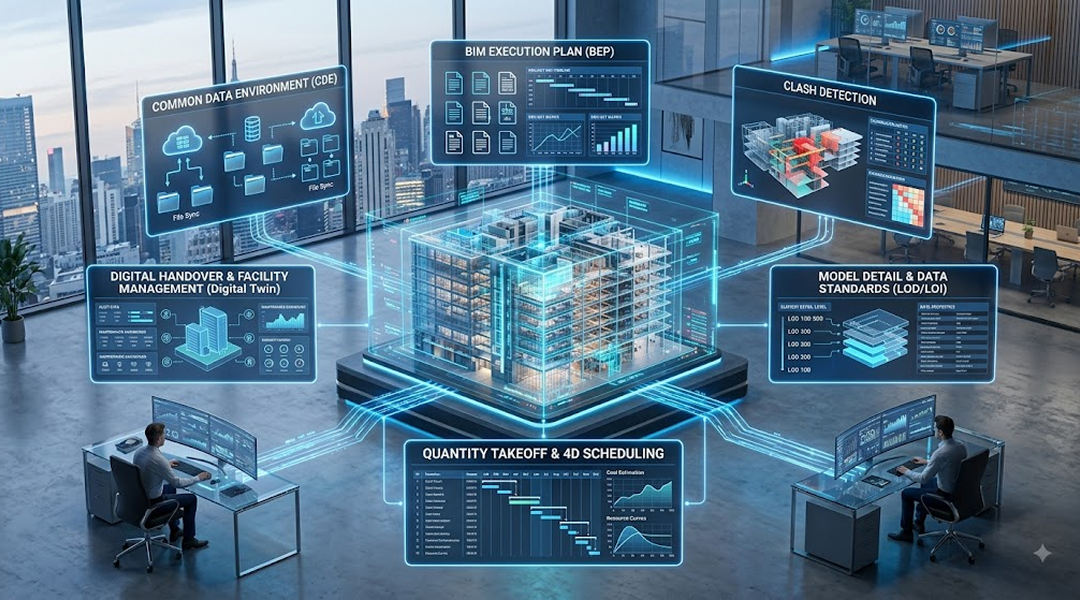 Snapshot of a detailed 3D model showing precise dimensions, constructability and relevant data attach to geometry, such as guarantee, manuals, etc.