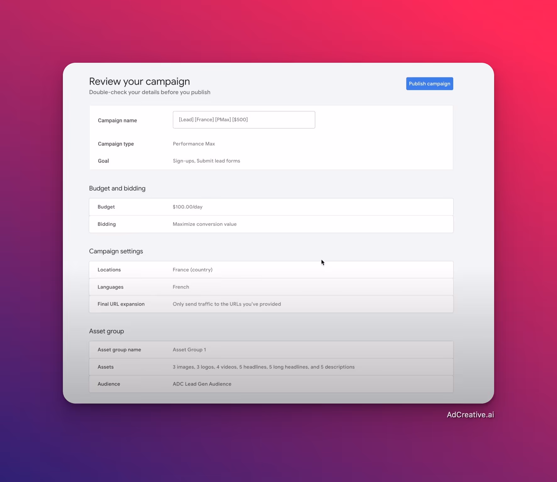 Review Campaign Google Ads - AdCreative.ai