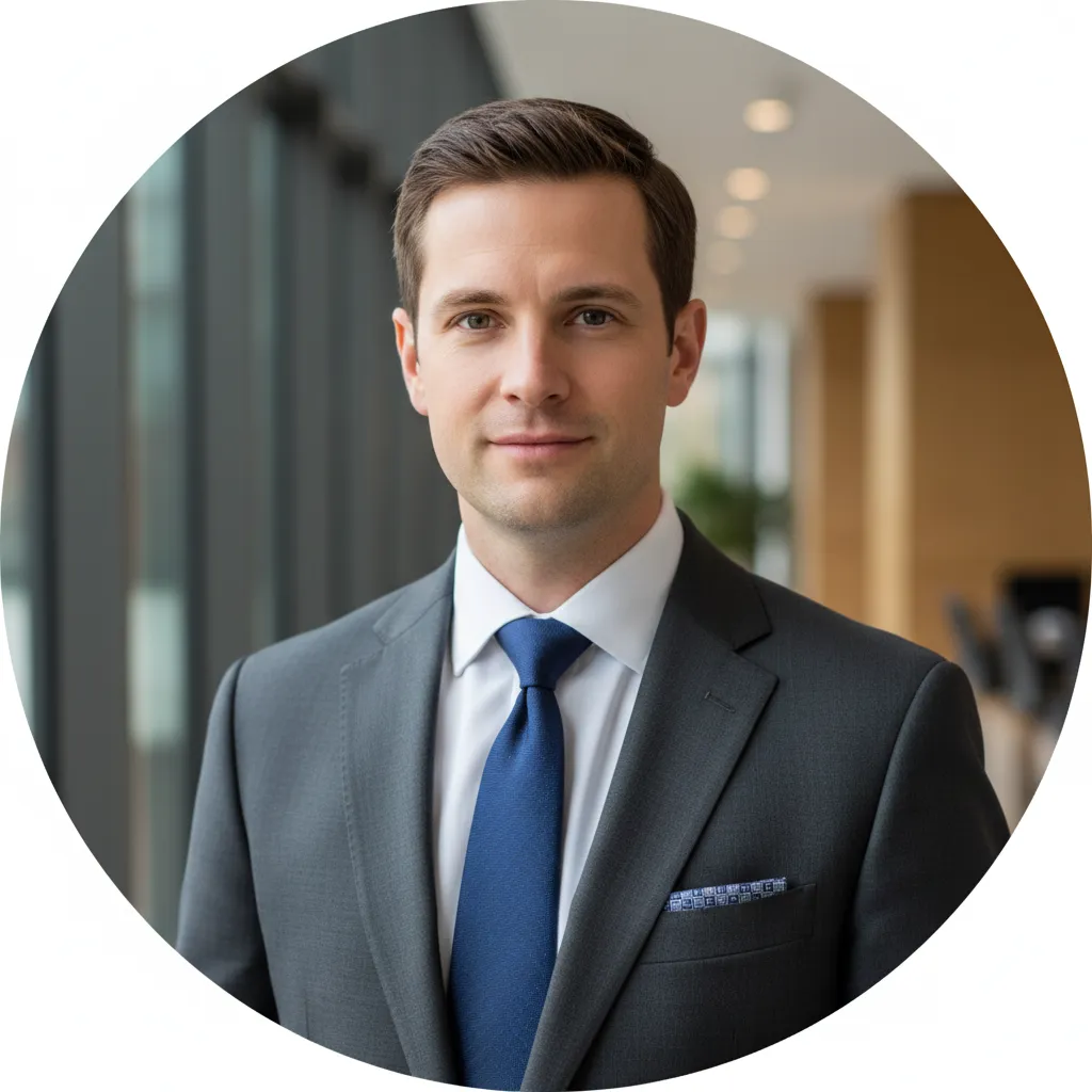 Homme d'affaires portant un costume gris et une cravate bleue dans un bureau lumineux.
