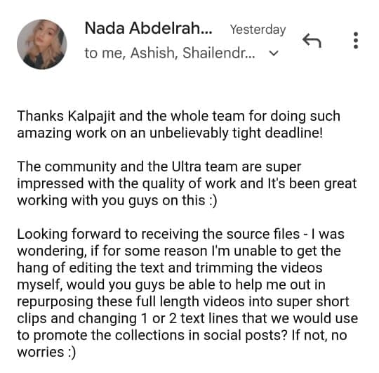 Client feedback Ultra Video