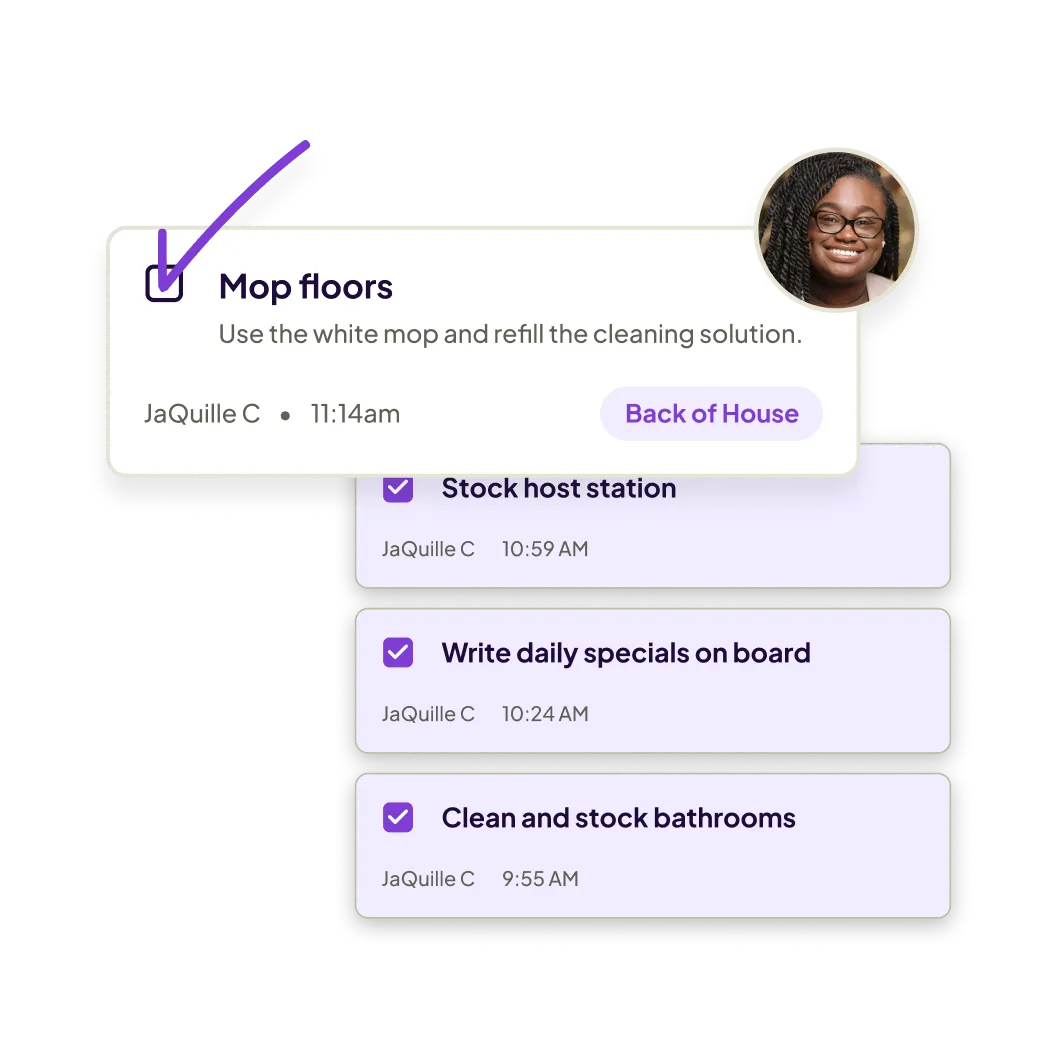 Task checklist showing completed cleaning duties including mopping floors, stocking host station, writing daily specials, and cleaning bathrooms, assigned to JaQuille C.