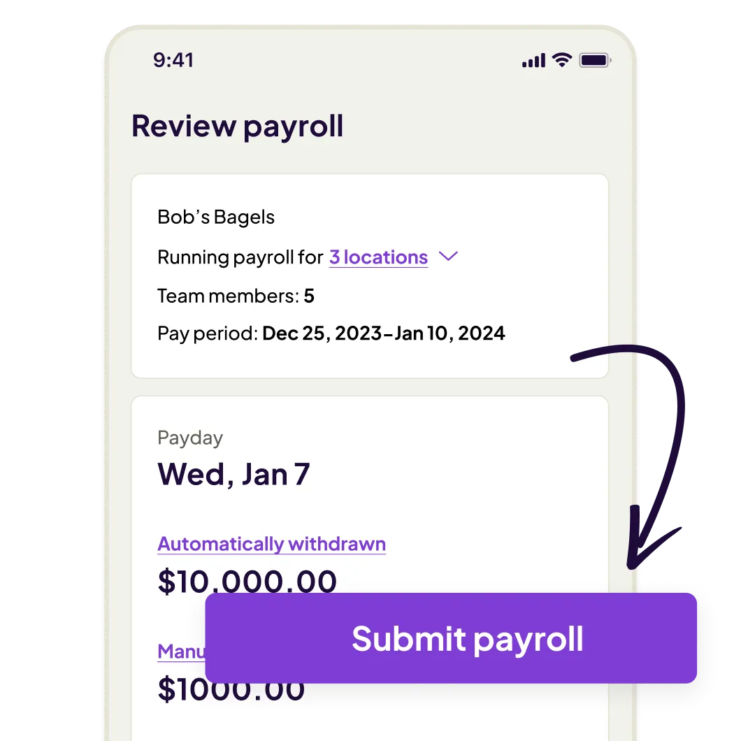 Mobile app screen showing payroll review for Bob's Bagels with 3 locations, 5 team members, pay period Dec 25, 2023 to Jan 10, 2024, payday Wed, Jan 7, and a purple Submit payroll button.