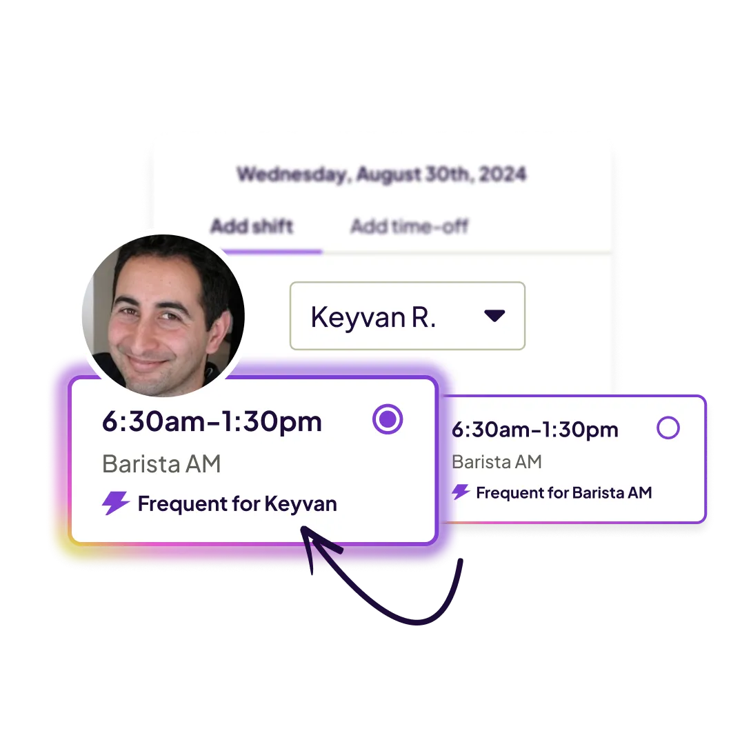 Schedule interface showing shift options for Keyvan R. on Wednesday, August 30th, 2024, highlighting 6:30am-1:30pm Barista AM shift marked as frequent for Keyvan with a profile photo and selection indicator.