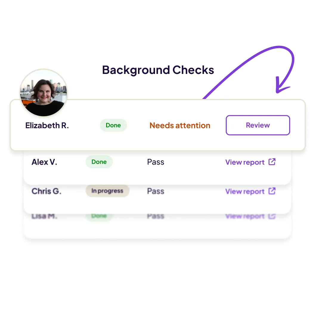 Background checks list showing Elizabeth R. with a status of Done, Needs attention, and a Review button, followed by other individuals with Done or In progress statuses and Pass results.