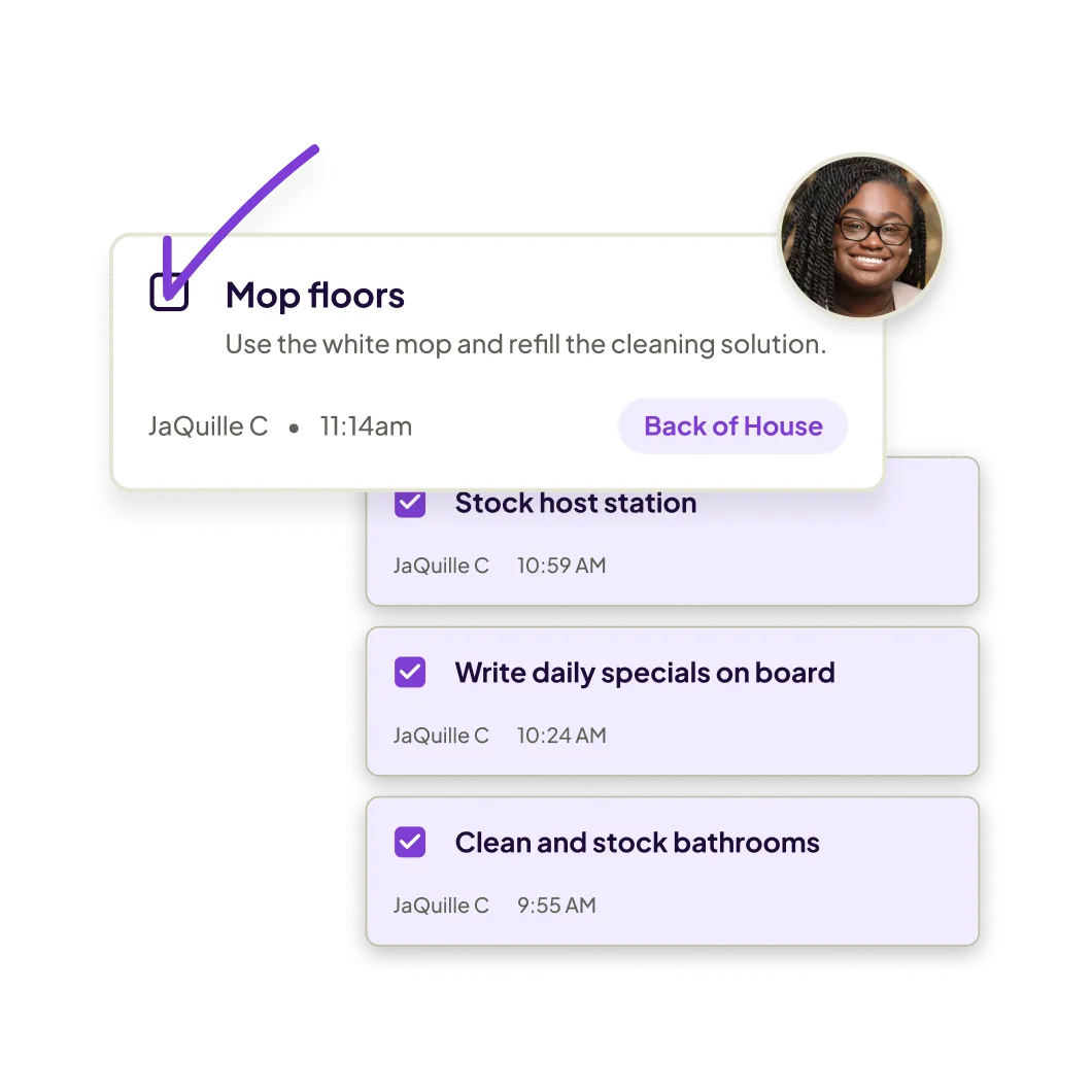 Task list with four checked items: Mop floors with instructions and timestamp 11:14am, Stock host station at 10:59am, Write daily specials on board at 10:24am, and Clean and stock bathrooms at 9:55am, all assigned to JaQuille C with a profile photo.