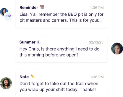 Three chat messages with user avatars: a reminder about BBQ pit rules, a question about morning tasks, and a note to take out the trash after a shift.