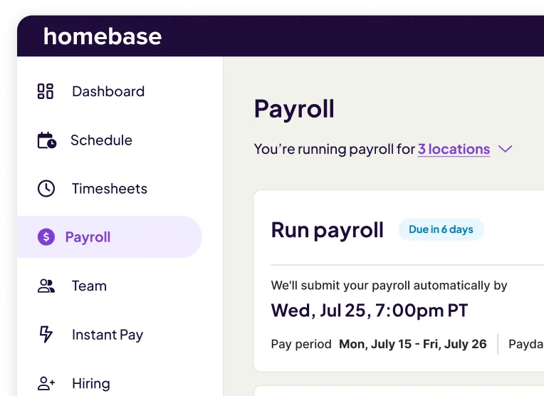 Homebase payroll dashboard on a mobile screen showing payroll schedule and upcoming run deadline.
