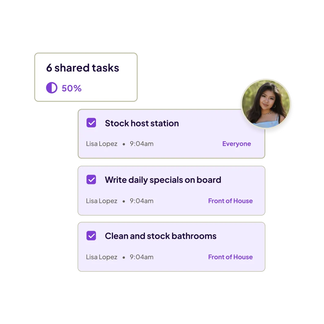 Task management interface showing 6 shared tasks at 50% completion, with three completed tasks by Lisa Lopez: Stock host station, Write daily specials on board, and Clean and stock bathrooms, each tagged for team sections.