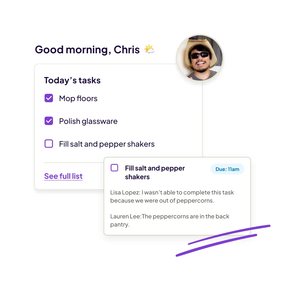 Task manager interface greeting Chris with tasks: mop floors and polish glassware checked, fill salt and pepper shakers unchecked with comments about peppercorns and an 11am due time.