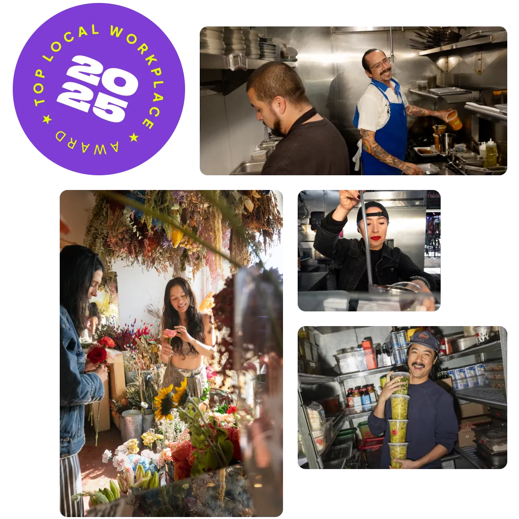 Collage showing a 2025 Top Local Workplace Award badge and diverse workers in various settings, including a kitchen, flower shop, and storage room, engaged happily in their work.