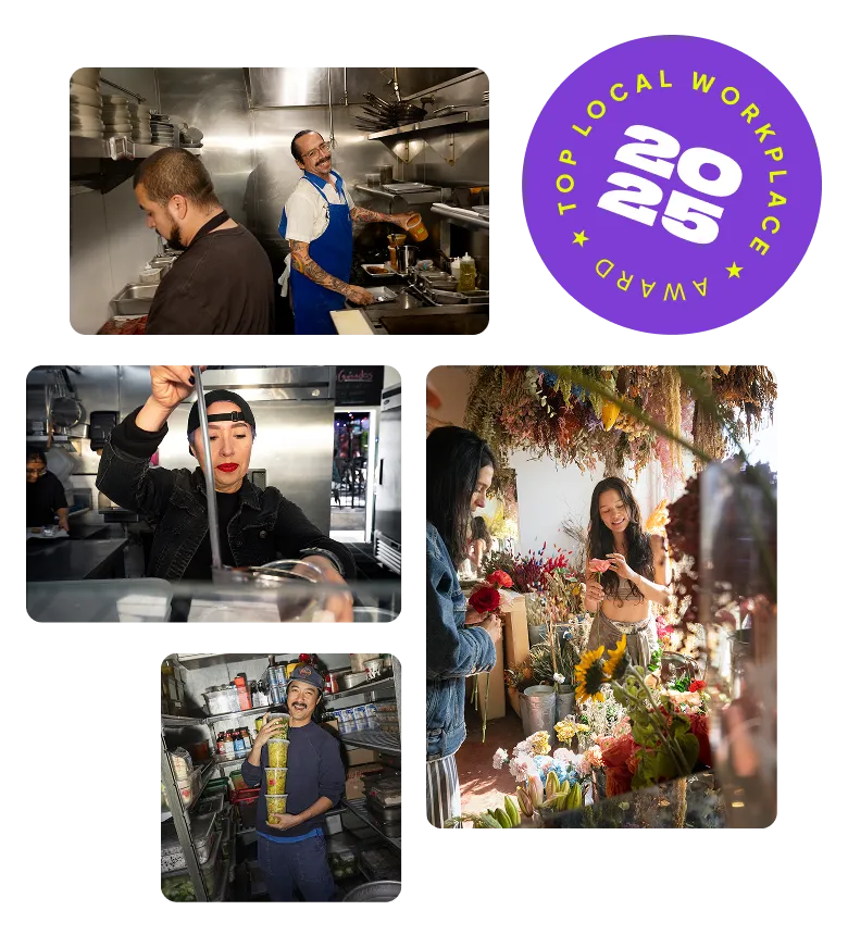 Collage of four images showing diverse workers in local workplaces: two chefs cooking in a kitchen, a woman preparing food, a man holding stacked cups in a storage room, and two women arranging flowers in a shop, alongside a purple badge reading 'Top Local Workplace Award 2025'.