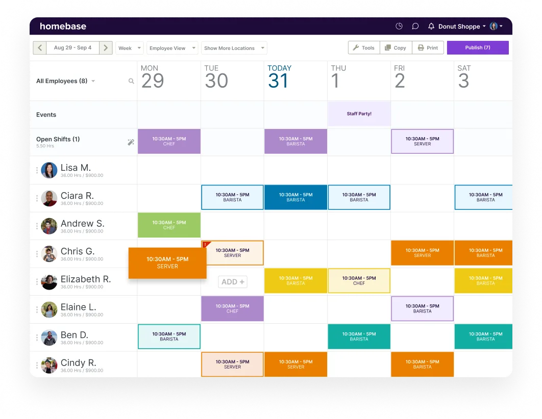 Homebase employee scheduling calendar showing shifts for Aug 29 to Sep 4 with multiple employees and roles like chef, barista, and server color-coded across the week.