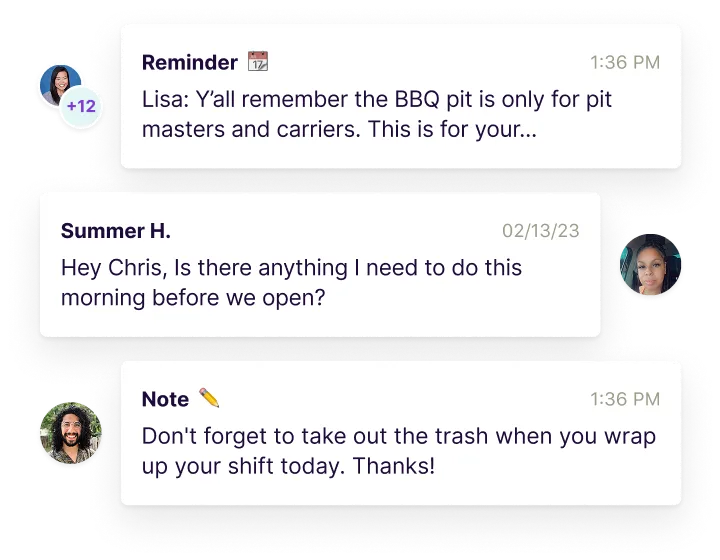 Chat interface showing three messages: a reminder about BBQ pit rules, a question about morning tasks before opening, and a note to take out the trash after shift.