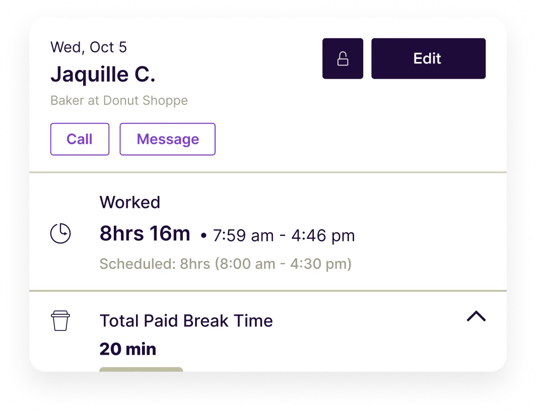 Work summary for Jaquille C., Baker at Donut Shoppe, showing 8 hours 16 minutes worked from 7:59 am to 4:46 pm with a scheduled shift from 8:00 am to 4:30 pm and 20 minutes paid break time.
