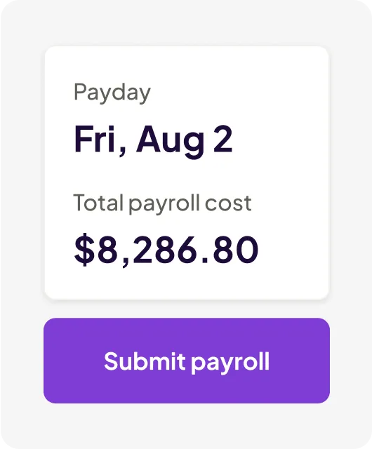 Payroll summary showing payday on Friday, August 2, with a total payroll cost of $8,286.80 and a purple button labeled Submit payroll.
