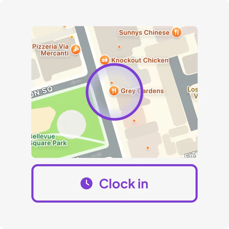 Map highlighting location near Grey Gardens restaurant with a Clock in button below.