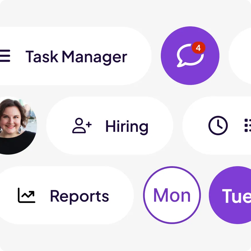 User interface showing a task manager dashboard with options for Hiring, Reports, and navigation icons, including a chat icon with 4 notifications and days of the week highlighted.