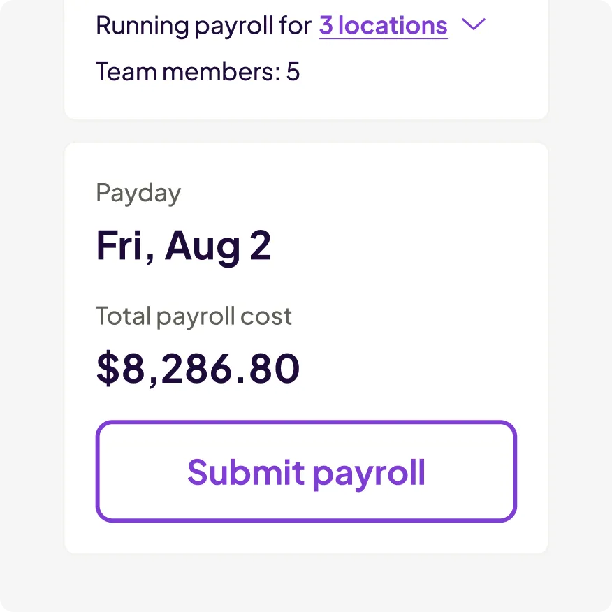 Payroll summary showing payday on Fri, Aug 2, total payroll cost $8,286.80, and a purple Submit payroll button.