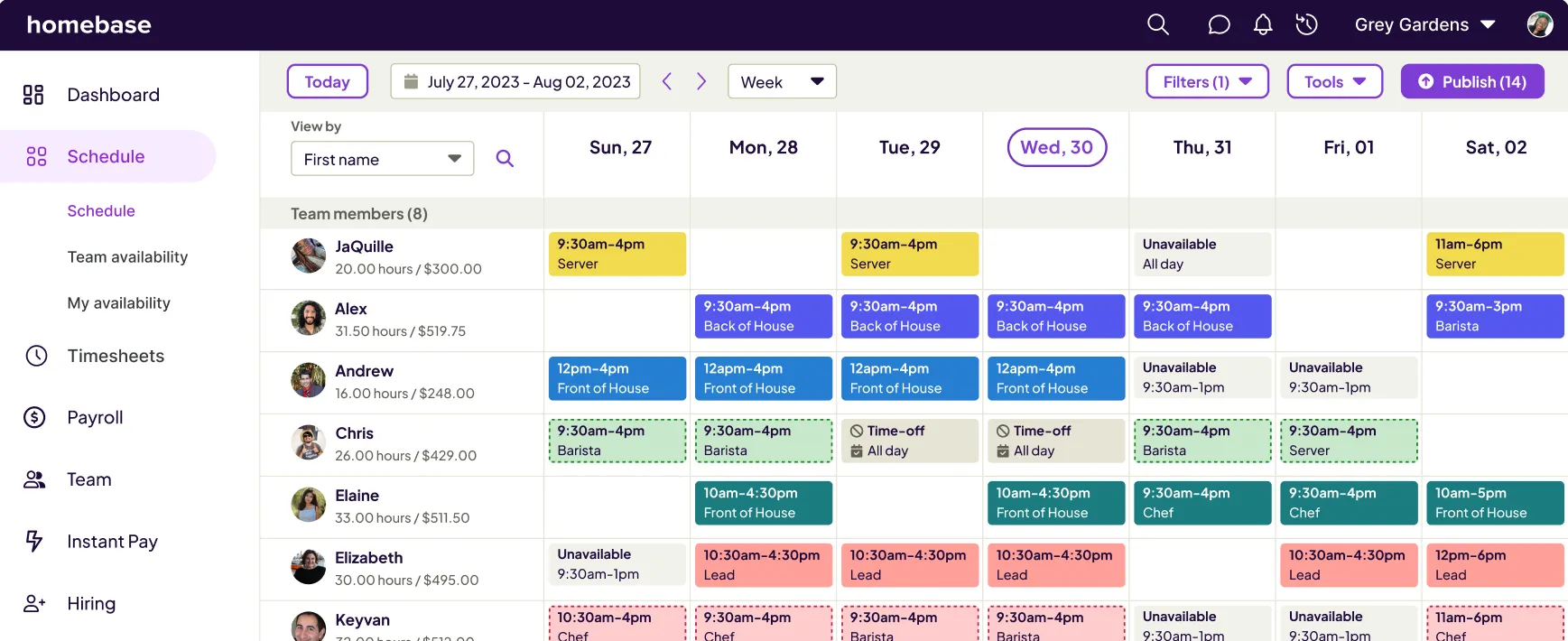 Homebase team schedule showing shifts and roles for eight members across a week from July 27 to August 2, 2023.
