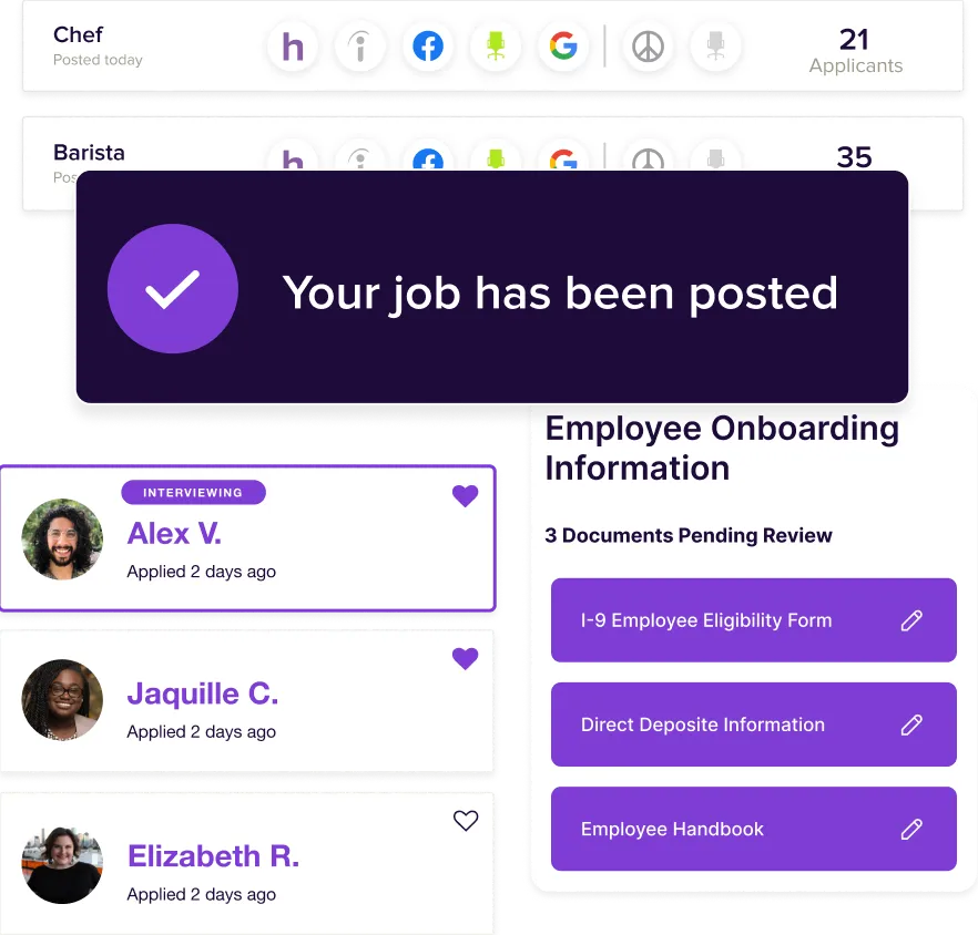 User interface showing job listings for Chef and Barista with applicant counts, confirmation message 'Your job has been posted,' a list of applicants with interview status, and employee onboarding information including three pending documents: I-9 Employee Eligibility Form, Direct Deposit Information, and Employee Handbook.