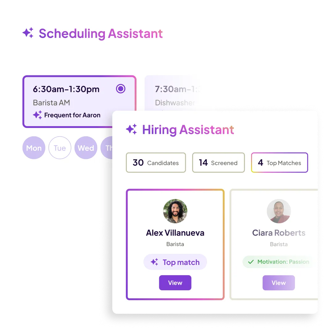 User interface for a scheduling assistant showing a 6:30am-1:30pm Barista AM shift and a hiring assistant displaying 30 candidates, 14 screened, and 4 top matches including top match Alex Villanueva and candidate Ciara Roberts.