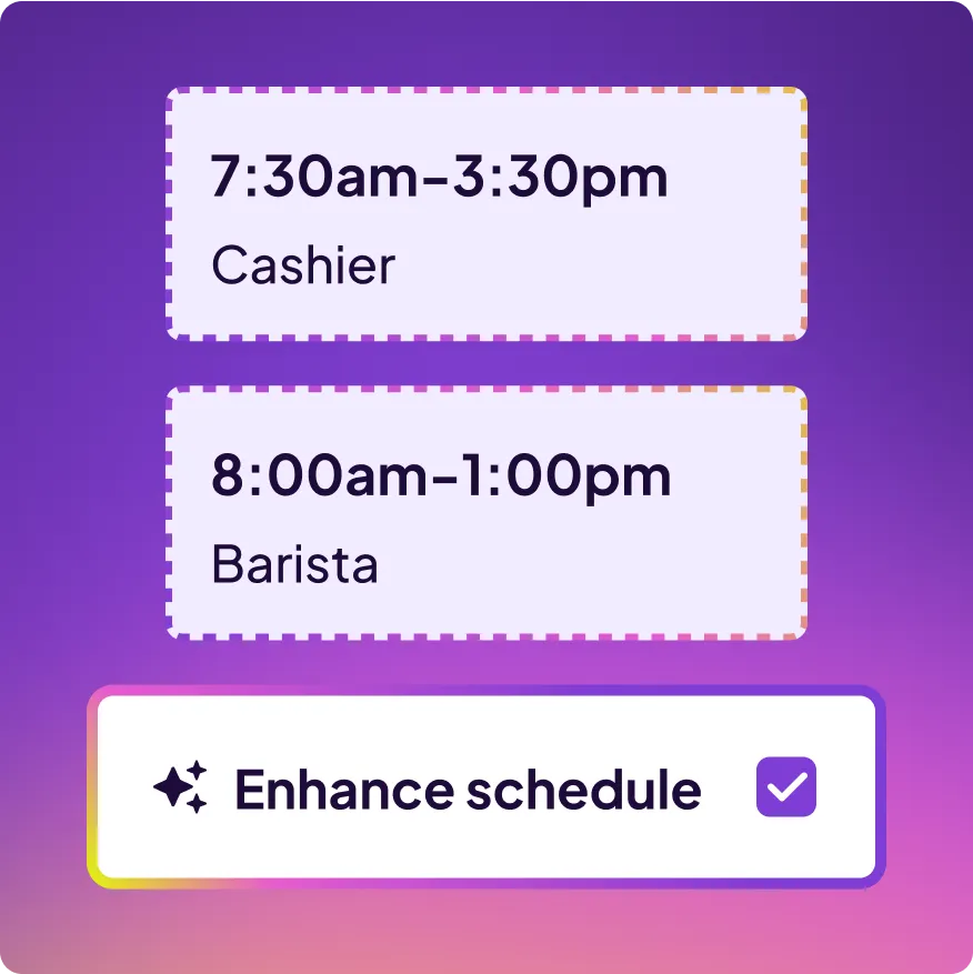 Work shifts for Cashier from 7:30am to 3:30pm and Barista from 8:00am to 1:00pm with an Enhance schedule button checked.