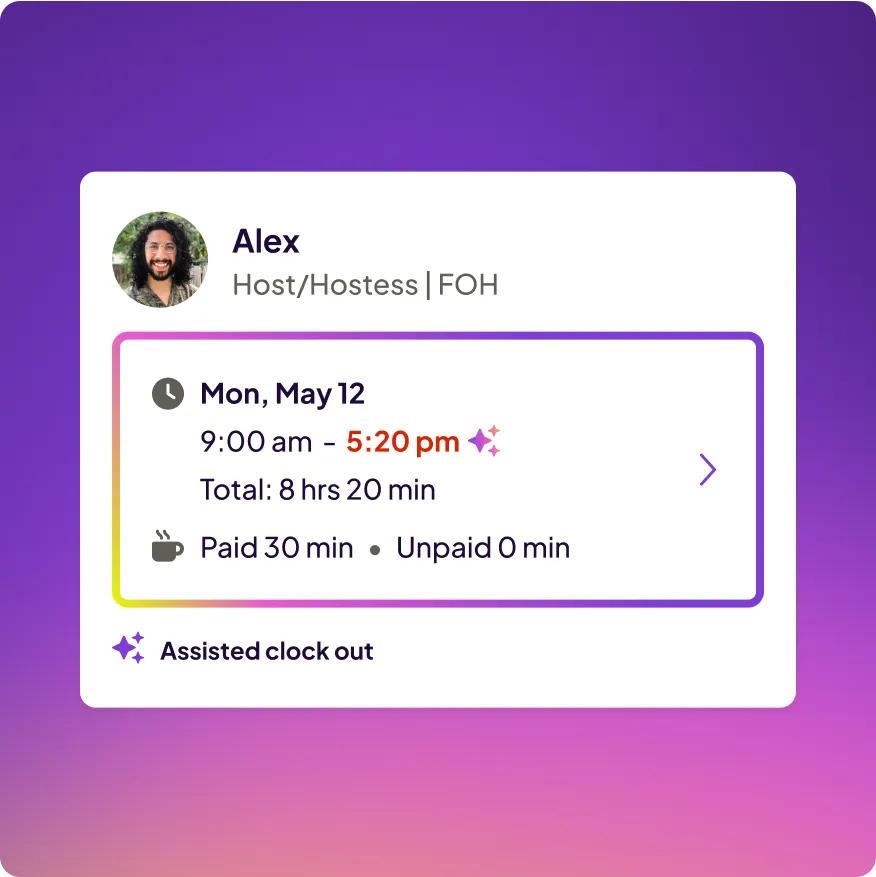 Work summary card for Alex, Host/Hostess FOH, showing shift on Monday, May 12 from 9:00 am to 5:20 pm with a total of 8 hours 20 minutes, including 30 minutes paid break and no unpaid break, marked as assisted clock out.