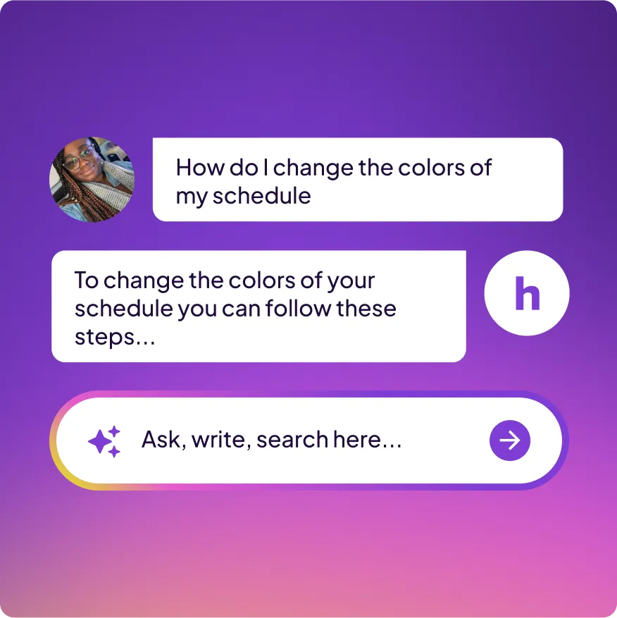 Chat interface with a user asking how to change schedule colors and a response saying to follow steps, on a purple to pink gradient background.