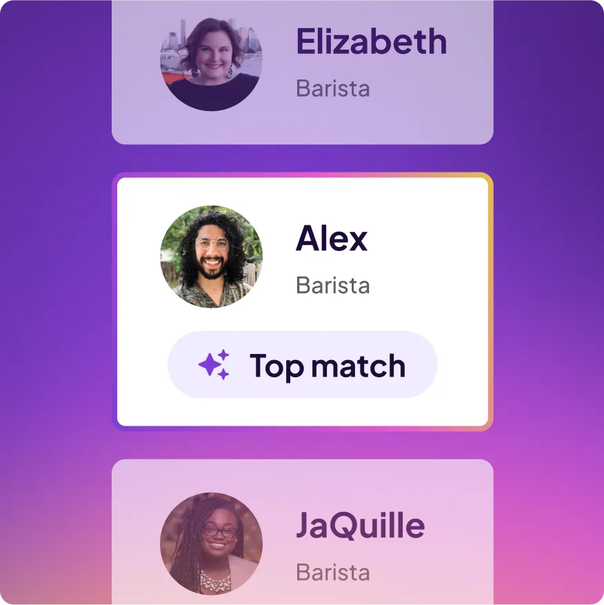 Profile cards of three baristas named Elizabeth, Alex with Top match badge, and JaQuille on a purple gradient background.
