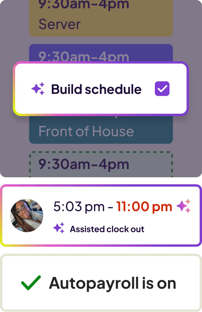 Mobile app screen showing a confirmed build schedule checkbox and an assisted clock out from 5:03 pm to 11:00 pm with a user photo, plus a message confirming autopayroll is on.