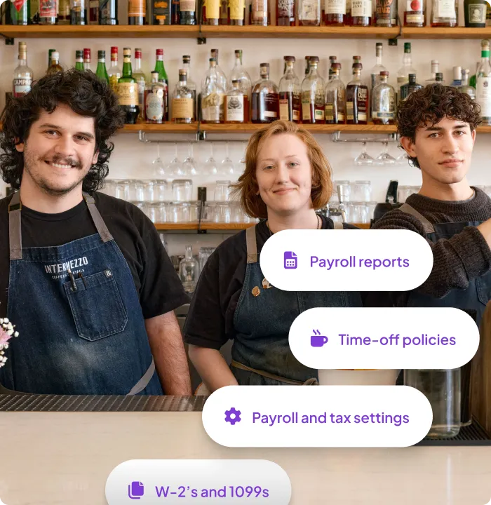 Three baristas wearing aprons standing behind a counter with bottles and glasses on shelves in the background, alongside text buttons for payroll reports, time-off policies, payroll and tax settings, and W-2’s and 1099s.