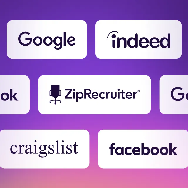 Logos of popular job and recruiting platforms including Google, Indeed, ZipRecruiter, craigslist, and Facebook on a purple gradient background.