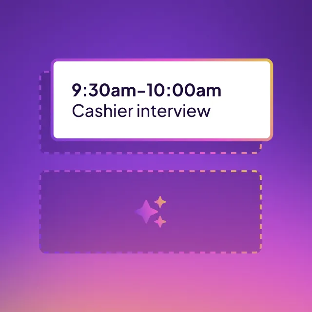 Scheduled appointment block showing 9:30am to 10:00am for a cashier interview on a purple gradient background.
