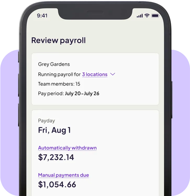 Mobile screen showing payroll review for Grey Gardens with 15 team members across 3 locations for pay period July 20 to July 26, displaying payday on Fri, Aug 1, automatically withdrawn amount $7,232.14, and manual payments due $1,054.66.