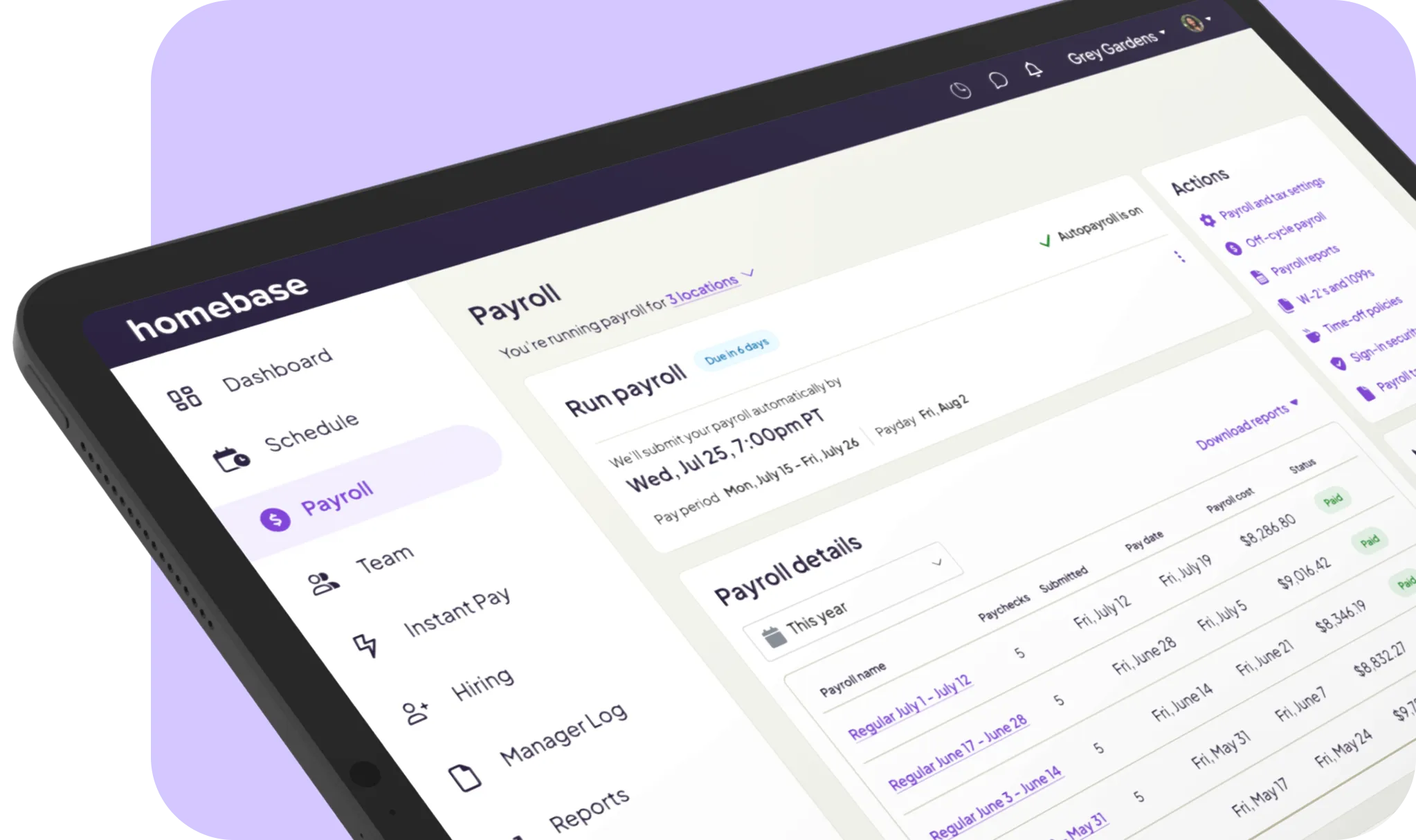 Tablet screen showing Homebase payroll dashboard with menu items and payroll details for multiple pay periods.
