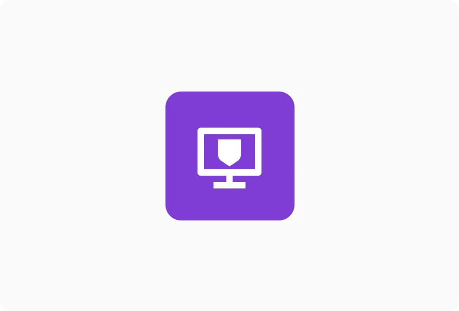 White computer monitor with a shield icon on the screen inside a rounded purple square.