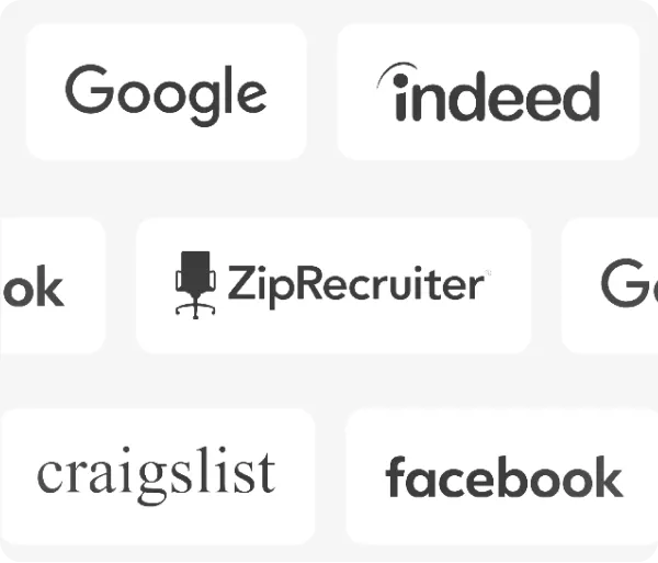 Logos of popular job and social media platforms including Google, Indeed, ZipRecruiter, Craigslist, and Facebook.