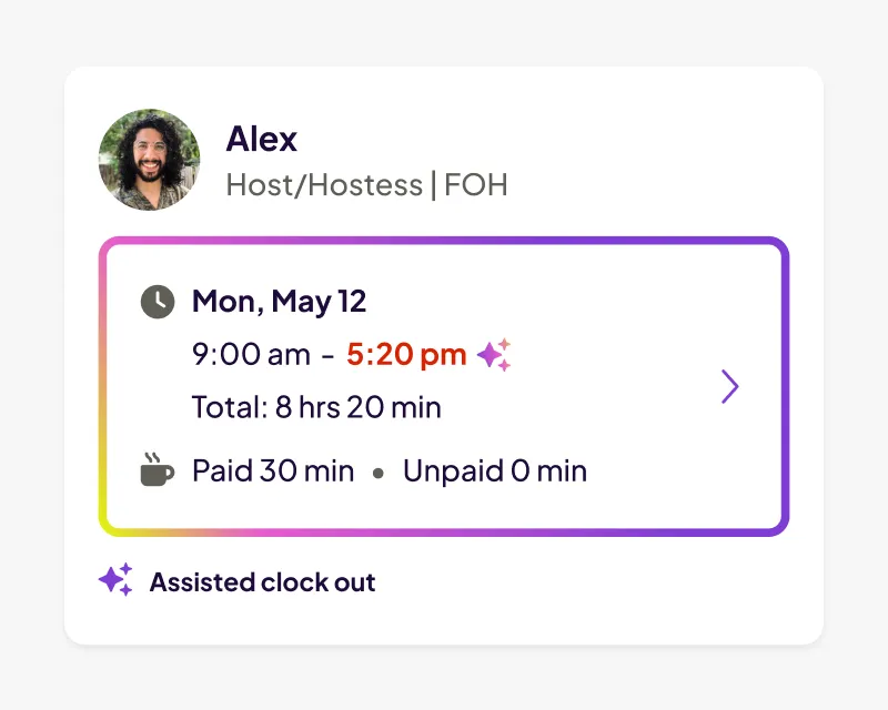 Work shift summary card for Alex, Host/Hostess FOH, showing a shift on Monday, May 12 from 9:00 am to 5:20 pm totaling 8 hours 20 minutes with 30 minutes paid break and assisted clock out.
