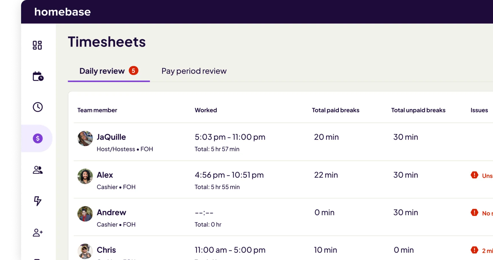 Timesheets interface showing daily review with team members JaQuille, Alex, Andrew, and Chris, their worked hours, paid and unpaid breaks, and issue alerts.