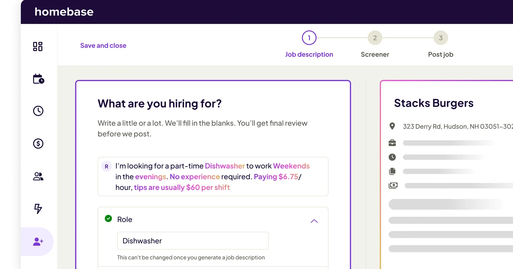 Homebase hiring interface showing job description step for a part-time dishwasher position at Stacks Burgers with details about pay, shifts, and location.