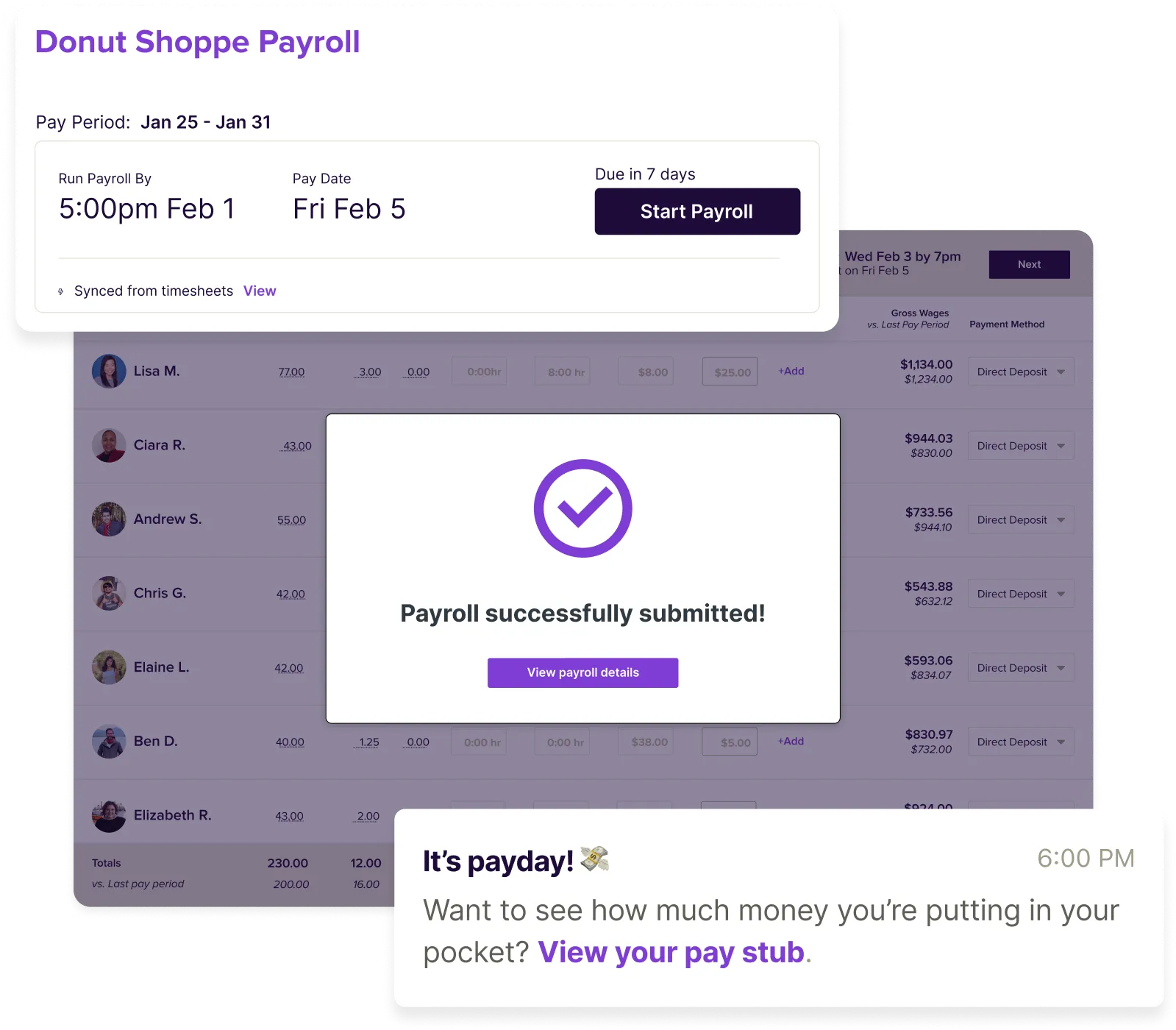 Payroll interface for Donut Shoppe showing pay period Jan 25-31, payroll run by 5:00pm Feb 1, pay date Fri Feb 5, with a notification that payroll was successfully submitted and a payday message with option to view pay stub.