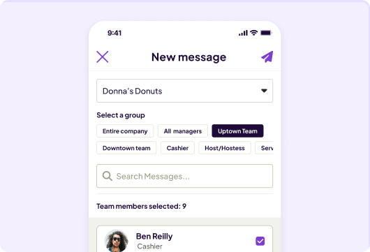 Composing new message in the Homebase app messenger to Donna's Donuts staff, with group selection options for cashiers, managers, two different location, entire company, etc.