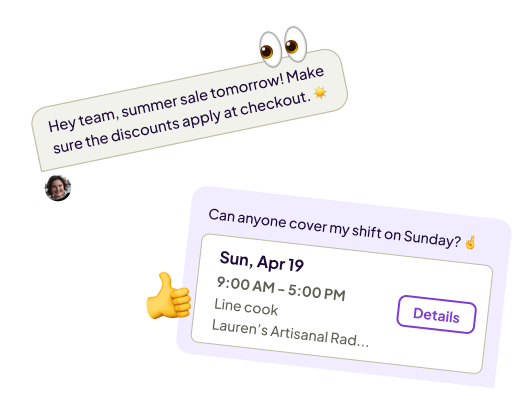 Playful graphic with emojis, one chat bubble shows a team announcement from a manager and another shows a shift cover request from an employee.