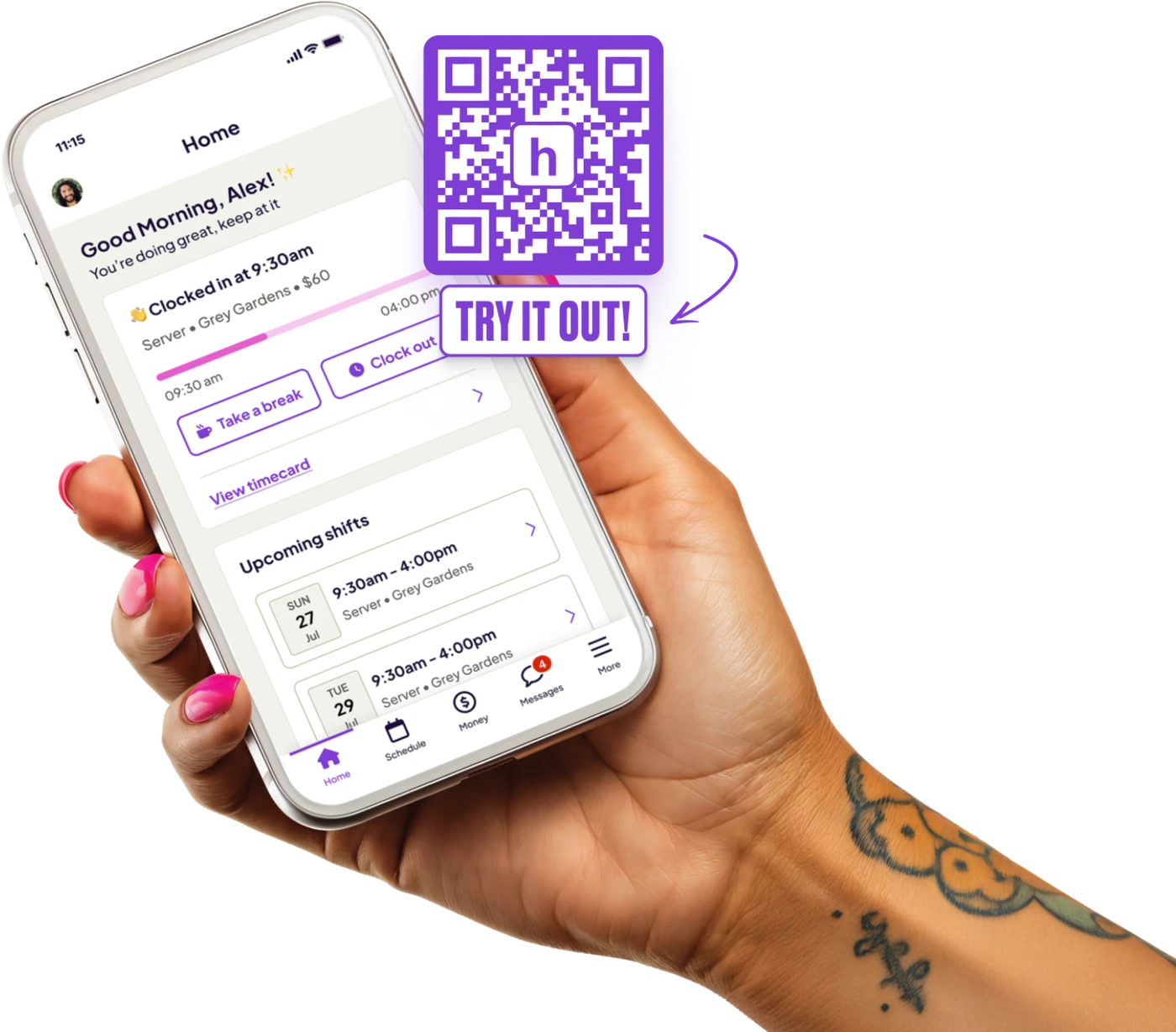 Hand holding a phone showing the Homebase app, beside a QR code to download it