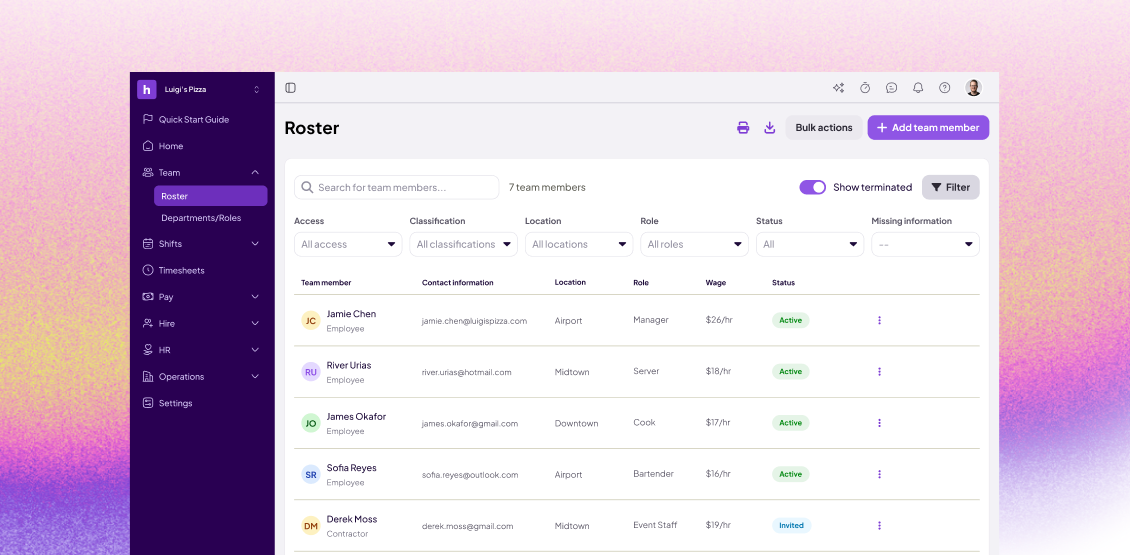 Homebase dashboard showing a team roster with employee names, emails, location, role, wage rate, and status.