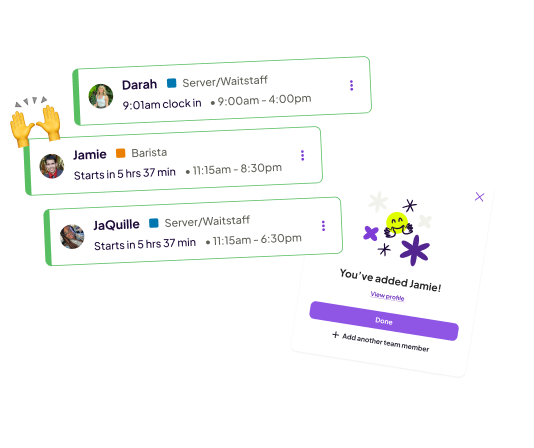 Playful graphic with emojis, one chat bubble shows a team announcement from a manager and another shows a shift cover request from an employee.