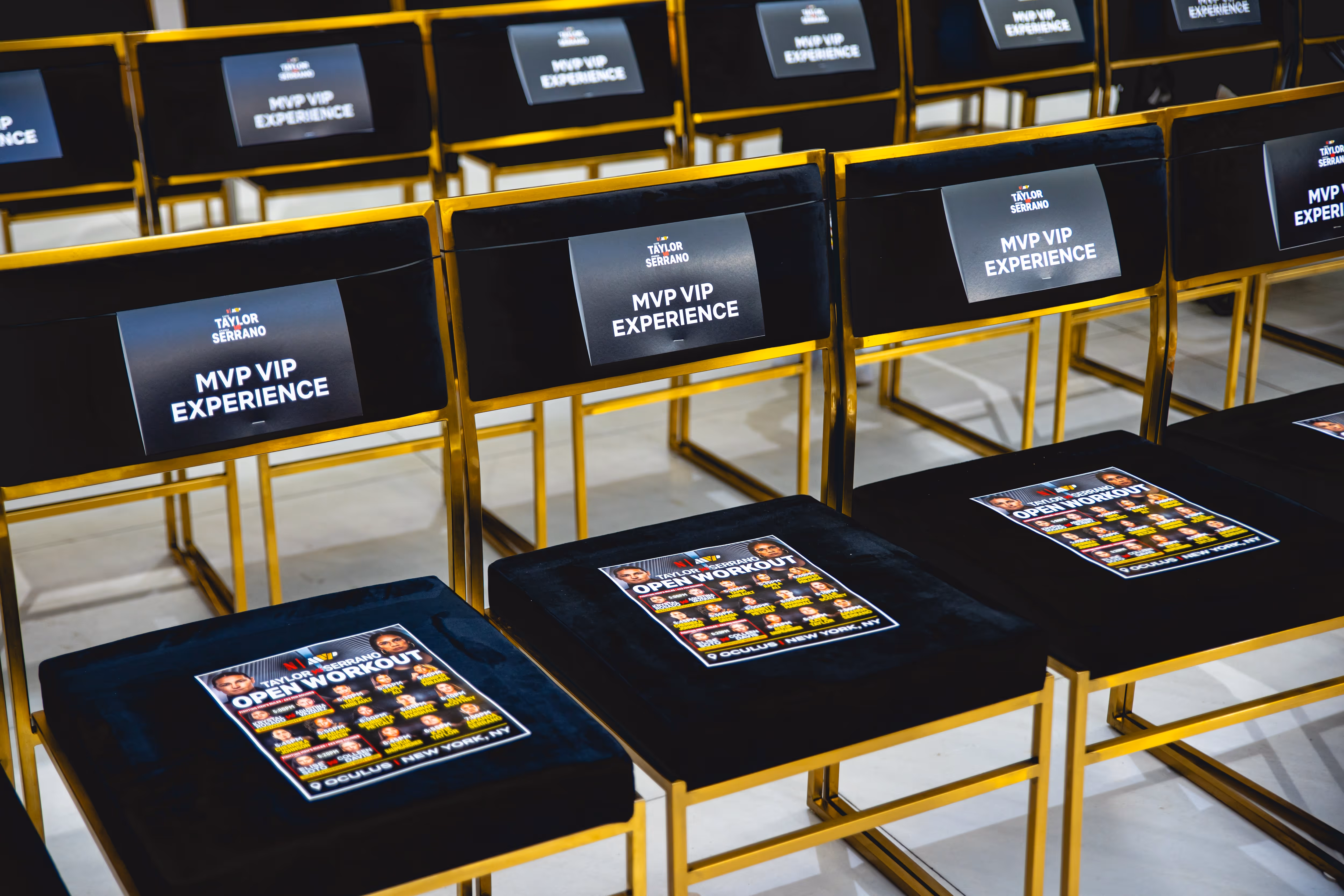 Rows of gold-framed black chairs labeled 'MVP VIP EXPERIENCE' with event flyers on the seats.